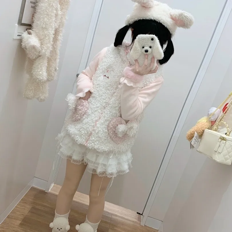 Cute Kawaii Harajuku Soft Girl Rabbit Ear Fuzzy Fleece Quilted Puffer Vest Coat Women Thick Warm Loose Fit Casual Winter Outfit