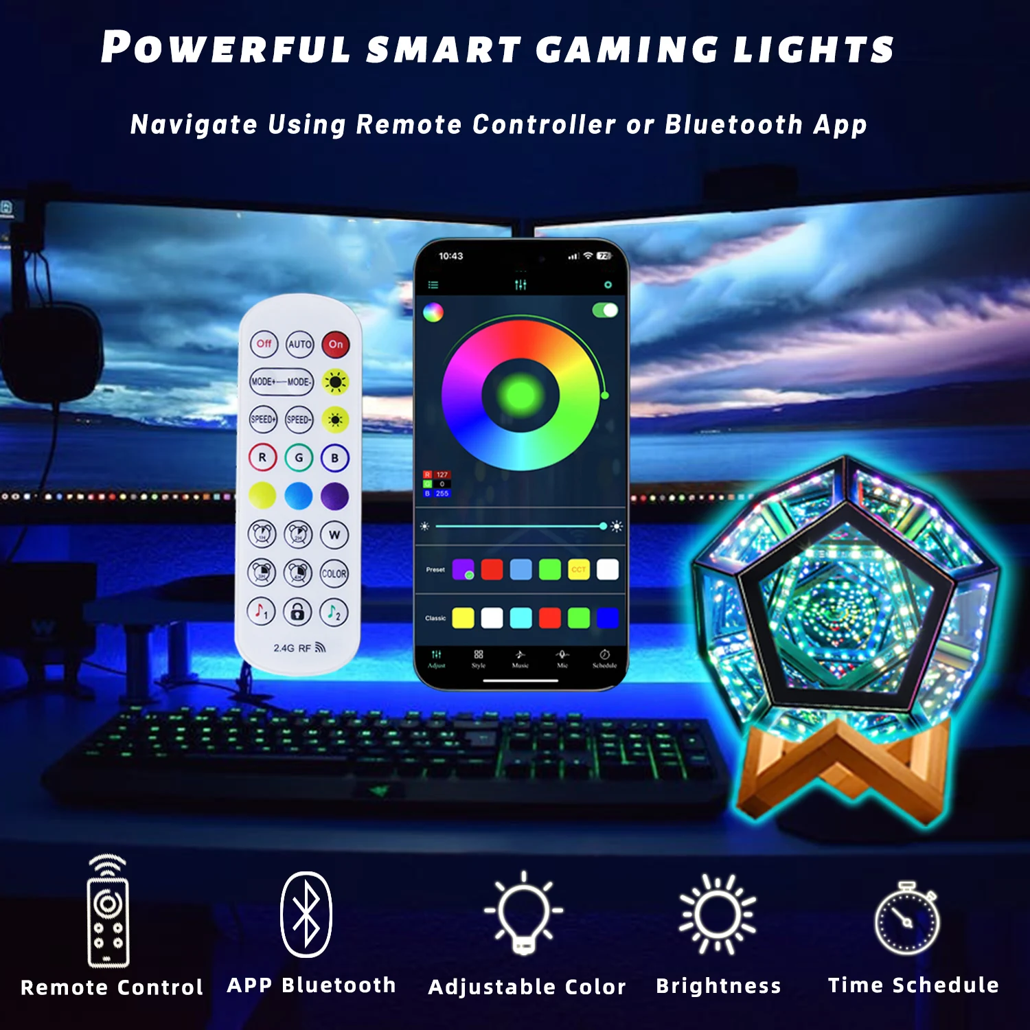 Remote Control Infinity Dodecahedron Light with Voice Control 3D Mirrror Tunnel Light Color Art Game Light