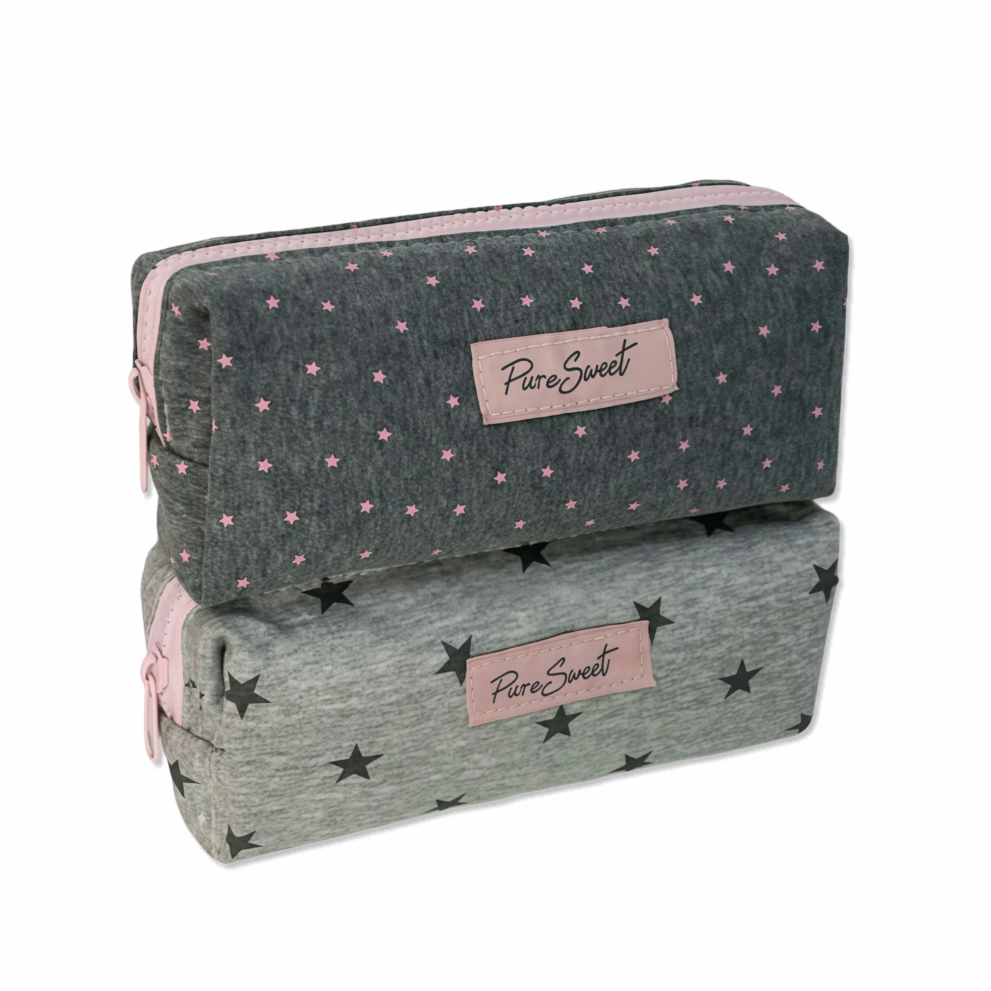 2 Black and Pink Star Print Pencil Cases, Large Capacity Pocket Pencil Box, Nylon Stationery Storage Bag