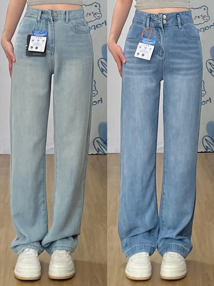 

Широкие брюки с высокой талией для похудения, джинсовые брюки из ледяного шелка, женские тонкие модели, свободные джинсы, летние крутые джинсы длиной до пола