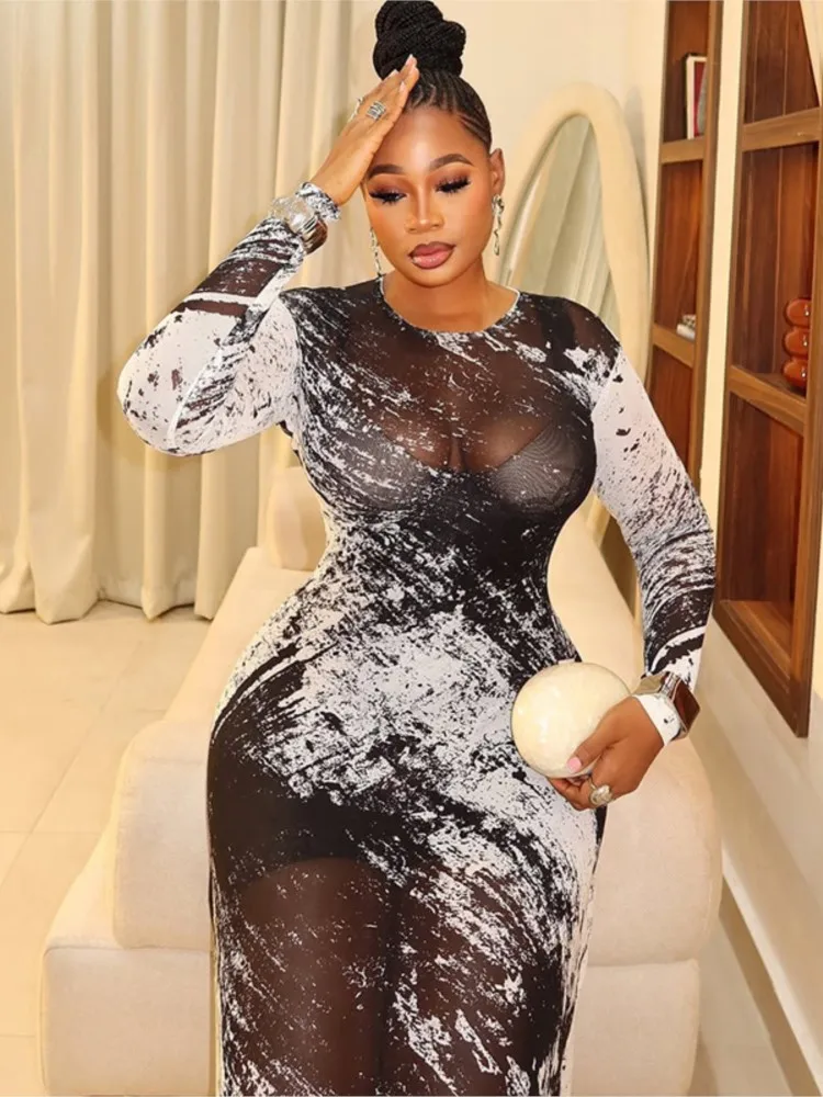 Women Sexy Beach Dresses 2025 Swimwear Boho Bikini Cover Up Kimono Printing Long Sleeve Robe Dress Cover-Up Long Maxi Dress