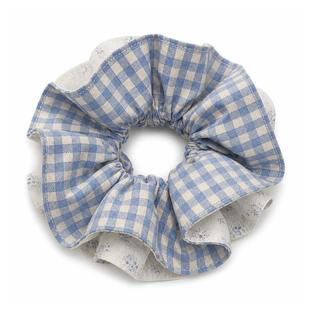 dusty-blue-ivory-gingham-floral-reverse-double-layer-hair-scrunchie