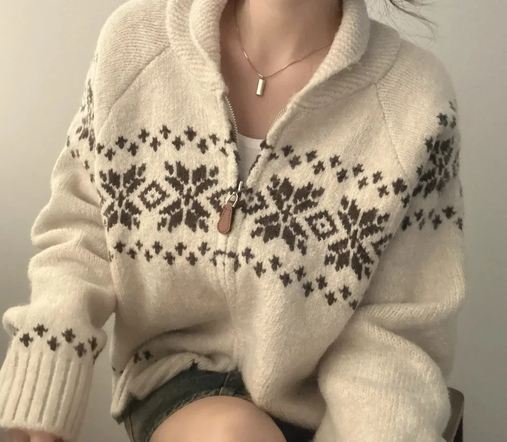 

Fashion Elegant Long Sleeve Sweater Zipper Lapel Korean Style Casual Knitted Jacquard Cardigan New Autumn Winter Women