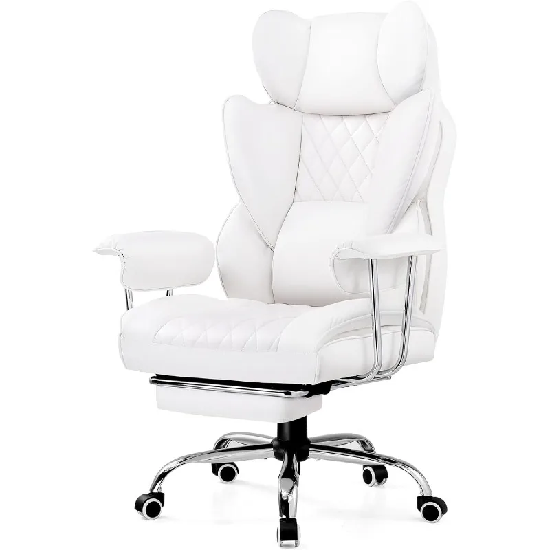 Office Chair with Pocket Spring Lumbar Support, with Outward Fixed Soft Armrests and Footrest (PU Leather, White)