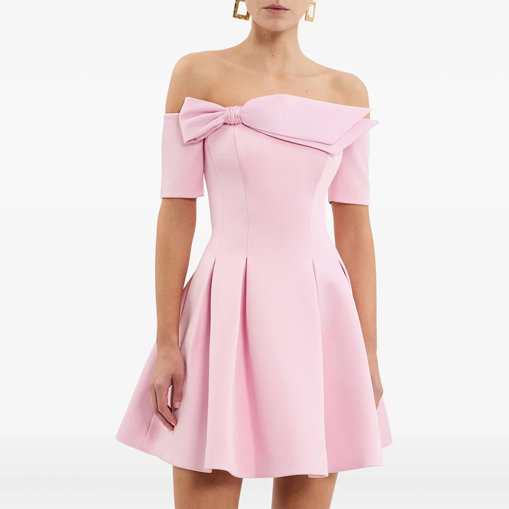 

Customized Cocktail Dress Mini Off the Shoulder A Line Short Sleeves Cocktail Gowns for Women Pink Ruched Homecoming Dresses