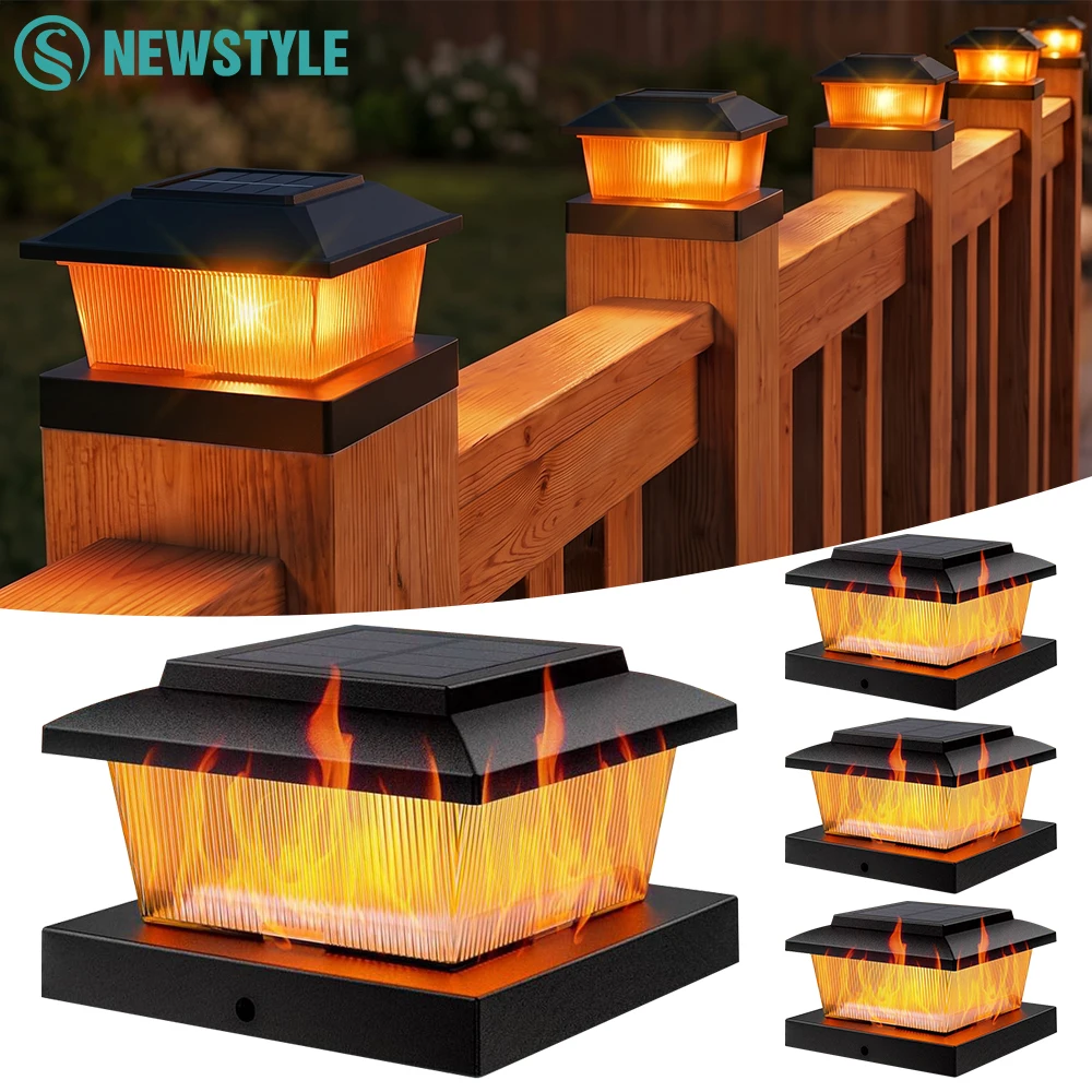 Solar Post Cap Lights With Flickering Flame Warm White Solar Powered Deck Fence Lights For 4x4 Wood/Vinyl Posts Lighting Decor