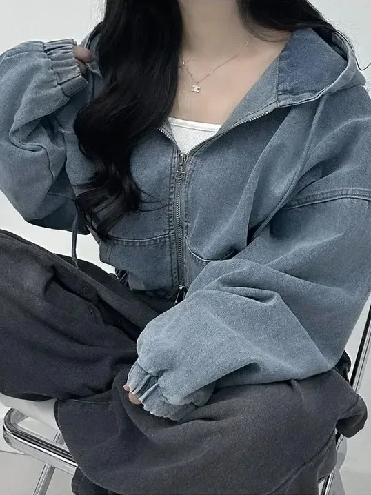 

Autumn New Zipper Design Anti-Aging Outerwear Top Loose Fit Cotton Chic ort Waist-Cinching Hooded Denim Jaet for Women