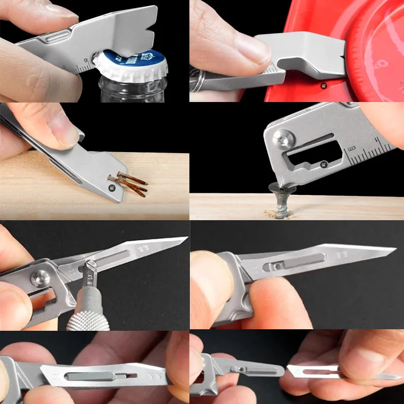 8 IN 1 Titanium Alloy Linggis Bedah Pisau Pembuka Botol Skala Lulus Kunci Segi Enam EDC Outdoor Multifungsi Alat Berkemah