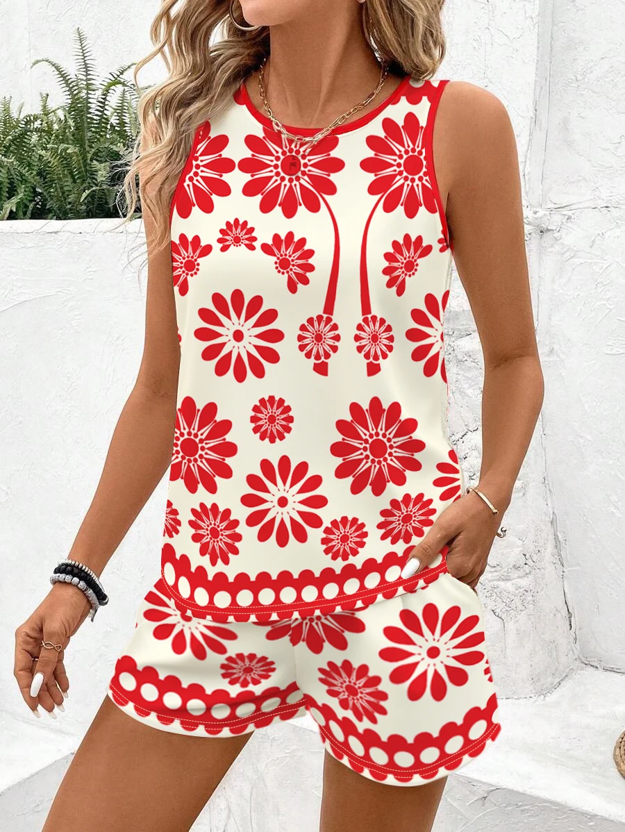 Women's Spring/Summer Fashion Two-Piece Set - Floral Print Sleeveless Vest + Printed Shorts, Suitable for Daily Wear and Vacation Outfits