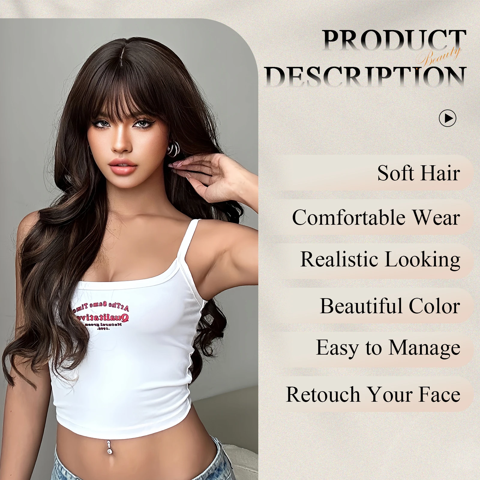 Long Natural Wavy Hair Wigs Brown Highlight Synthetic Wig With Bangs Heat Resistant Daily Cosplay Use Fake Hair for Women 26Inch