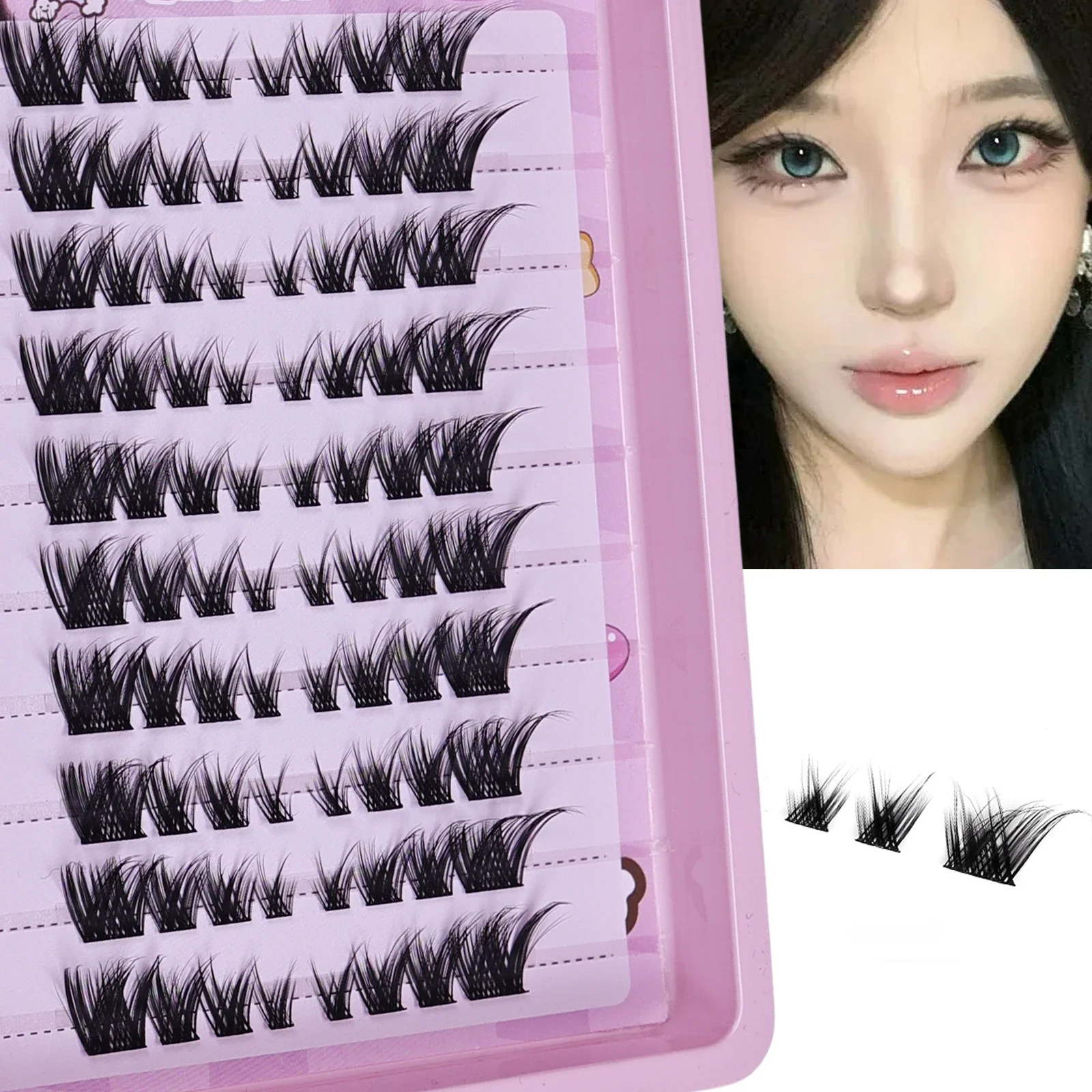 Cílios postiços fofos com efeito de olho de raposa, reutilizáveis, faça você mesmo, extensão de cílios grossos alados, uso diário, cluster natural, cílios mangá