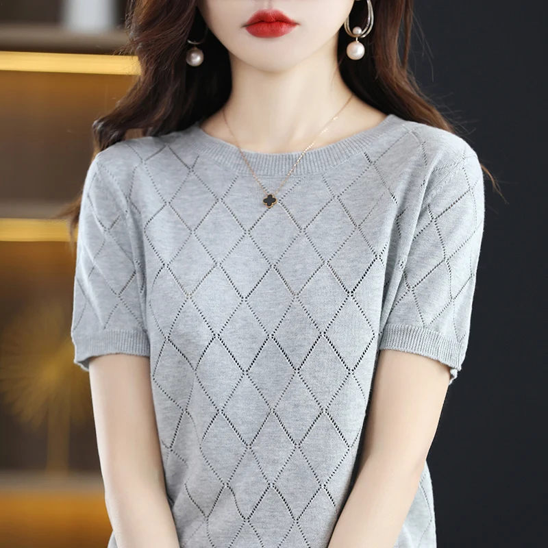 Women New Summer Short-sleeved Tees O-Neck Slim 100% Cotton Diamond Hollow Pullover T-shirt Knitted Base Casual Sweater