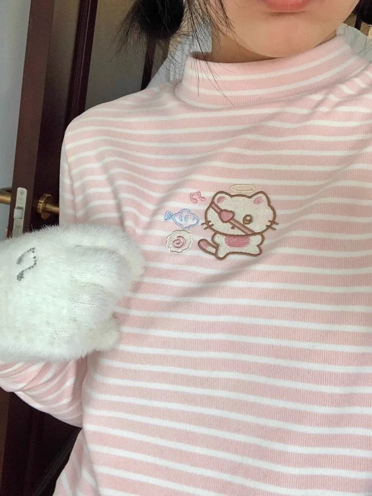 Japanese Sweet Pink Striped Turtleneck Tops Long Sleeve T Shirts Cute Cat Embroidery Cartoon Pullover Teens Girls Kawaii Clothes