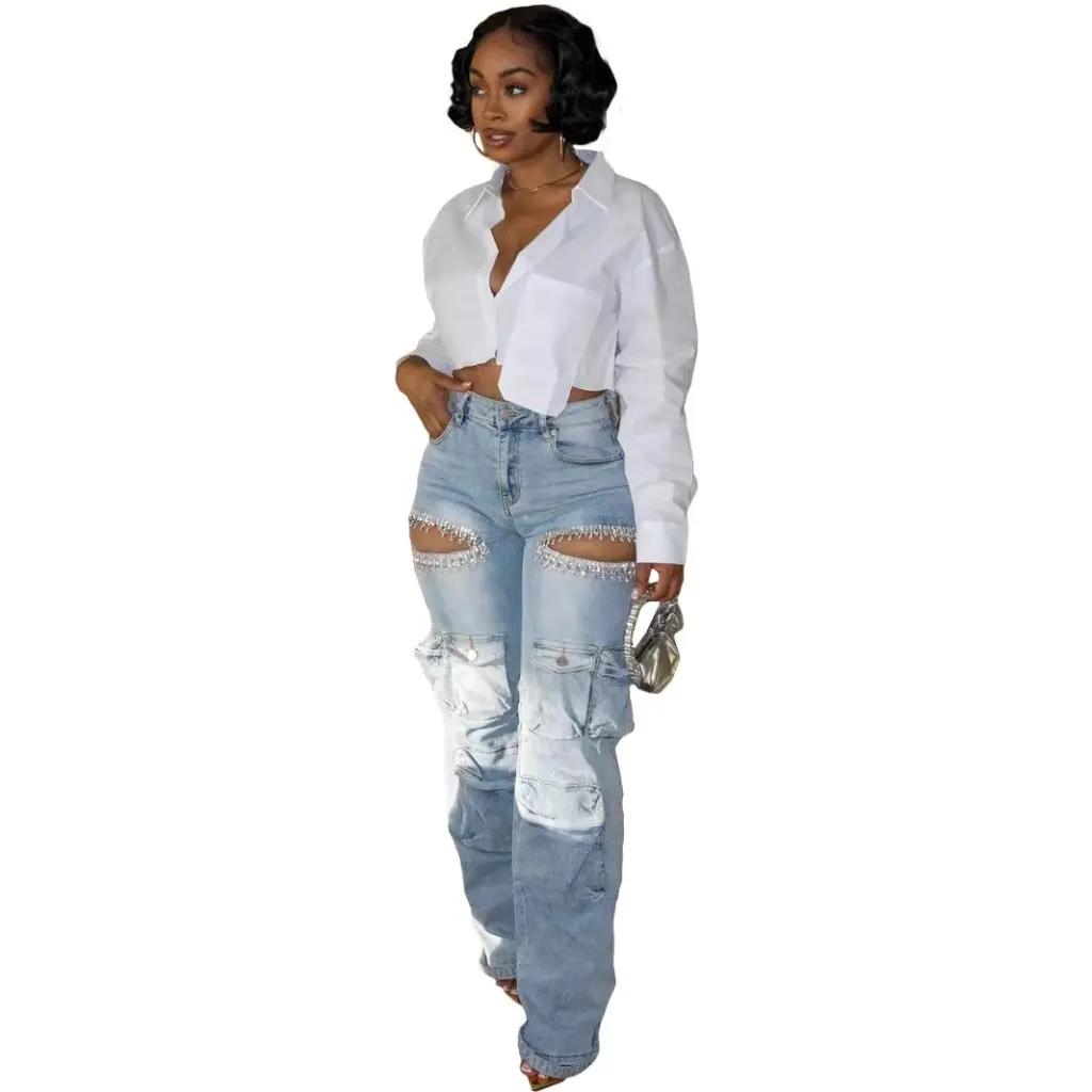 

Women's Fashion Jeans D8715 Four Seasons Wear European American Style Wash Water Multi-Pocket Hand-Top Drill