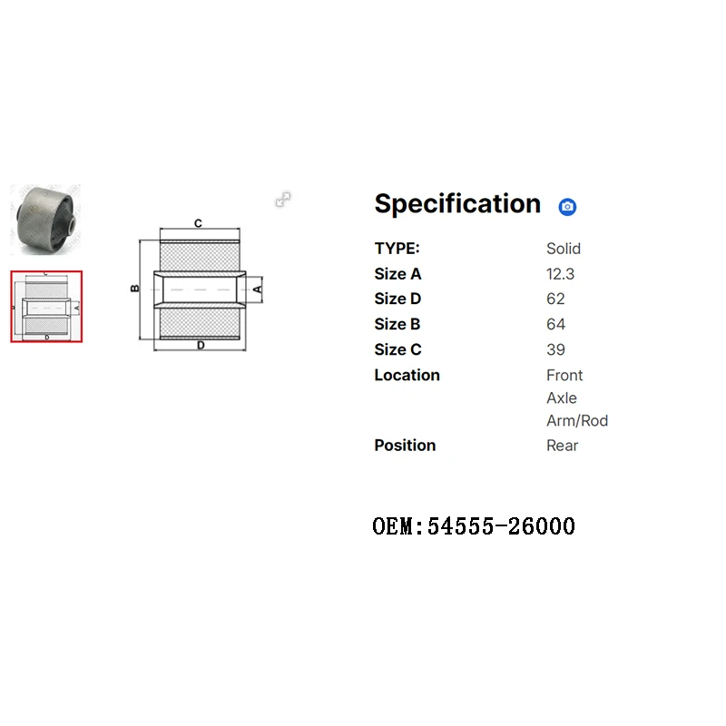 Suspension Arm Bushing For Hyundai Santa Fe  I II 2.0L 2.4L 2.7L 2001-2006 OEM54555-26000 Front Lower Control Arm Rubber Bushing