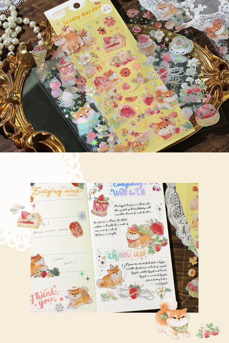 3 Sheets/pack Laser Bronzing PET Hot Stamping Jellyfish Cute Bear Dog Florals Transparent Decorative Stickers
