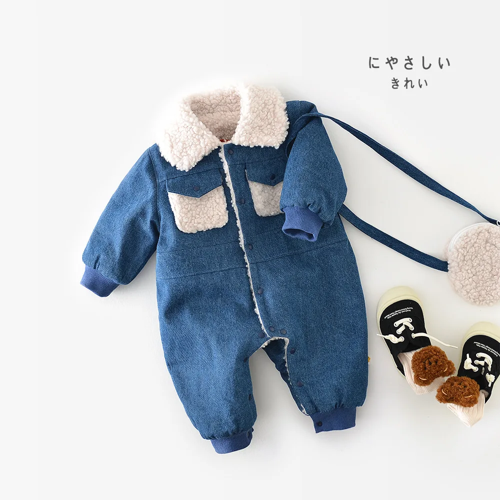 2024 Korean Autumn Winter Infant Boys Jumpsuit Cotton Denim Thick Single Breasted Romper Patchwork Fluffy Toddler Boys Outfit