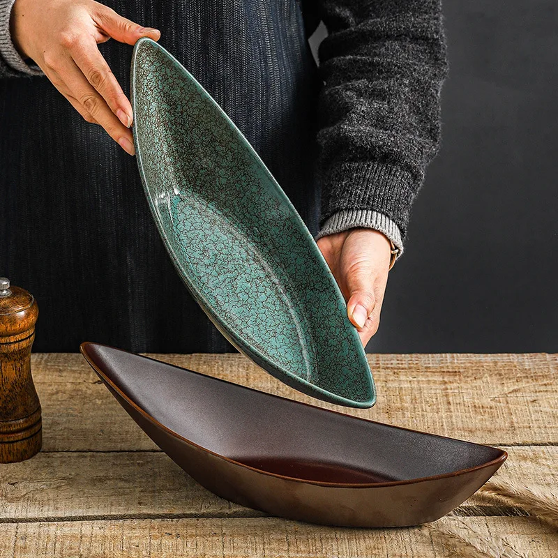 Creative Ceramic Boat Plate Sushi Sashimi Grill Dish Fruit Salad Dessert Appetizer Serving Tray