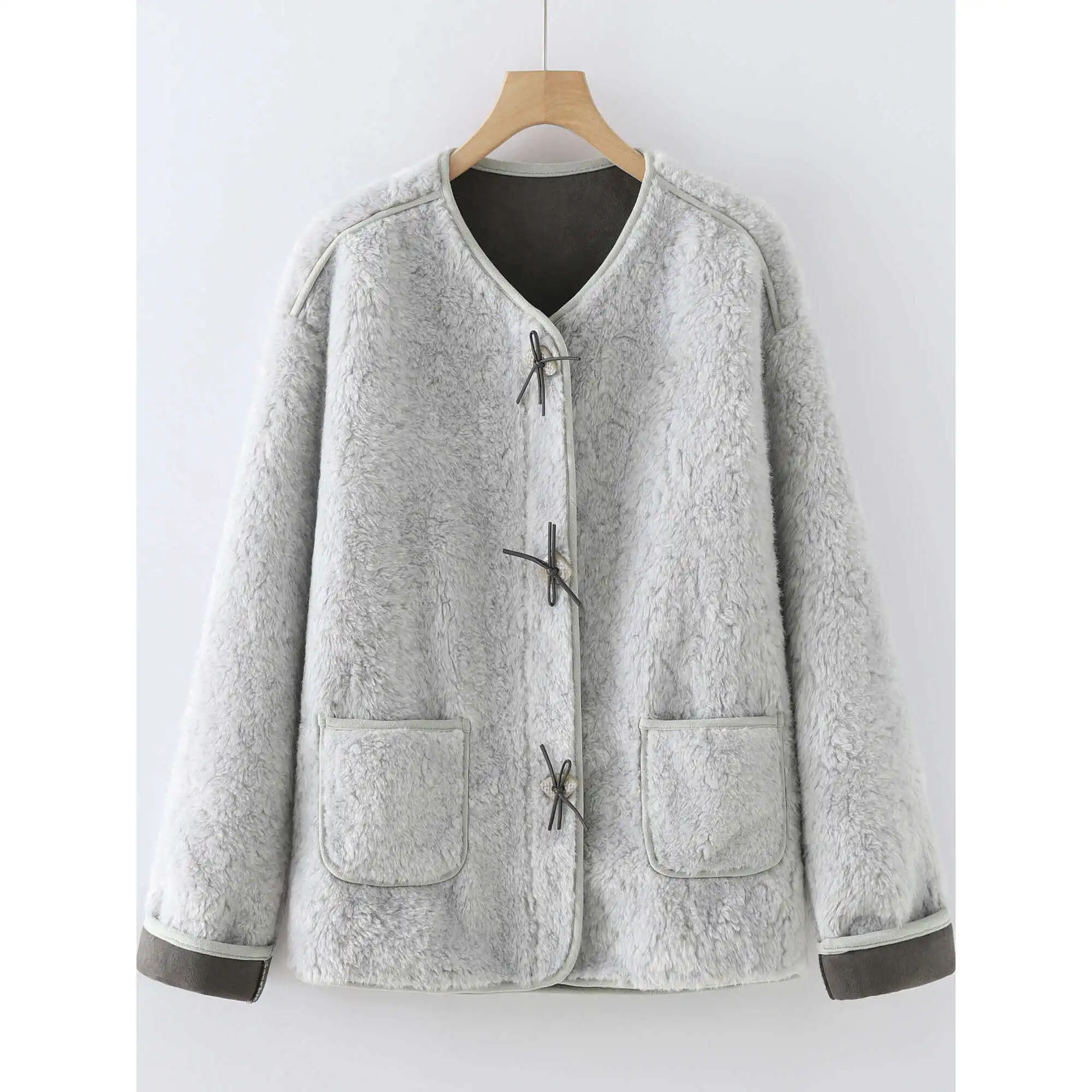 Autumn and Winter New Women's Lambhair Jacket Round Neck Casual Warm Jacket