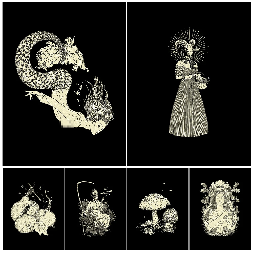 

Free Witches & Magical Creature Vintage Wall Art Canvas Painting Mermaid,Goat,Mushroom,Toad,Wolf Abstract Art Poster Print Decor