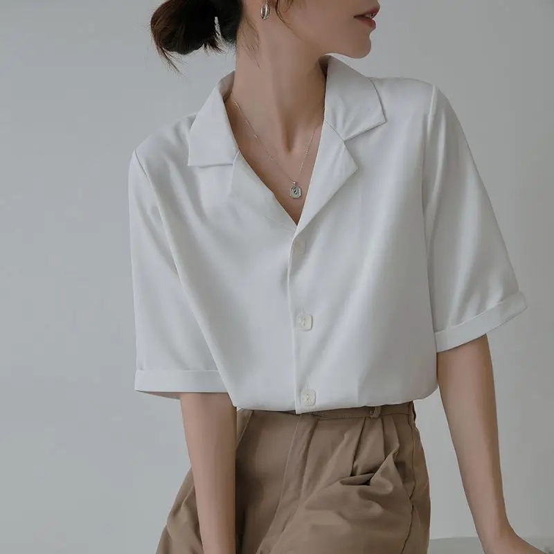 

suit collar white shirt women's 2025 summer new casual professional temperament loose and thin short-sleeved top