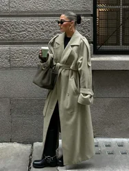 Casual Solid Long Coat Women Fashion Turn Down Collar Full Sleeve Double Breasted With Belt Overcoat 2024 Lady Street Outerwear