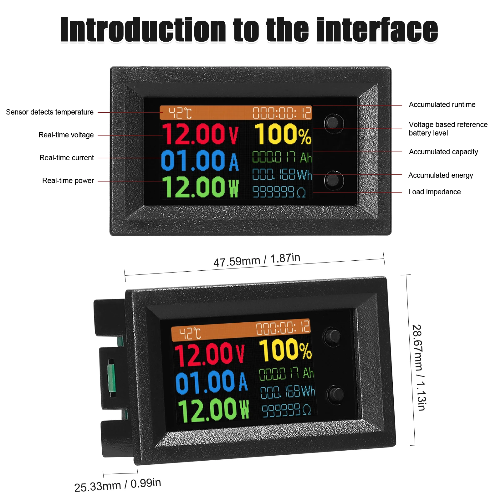 9in1 Multifunction Tester 1.14inch Measuring Instrument Voltage Current Power Impedance Capacity Energy Temperature Running Time