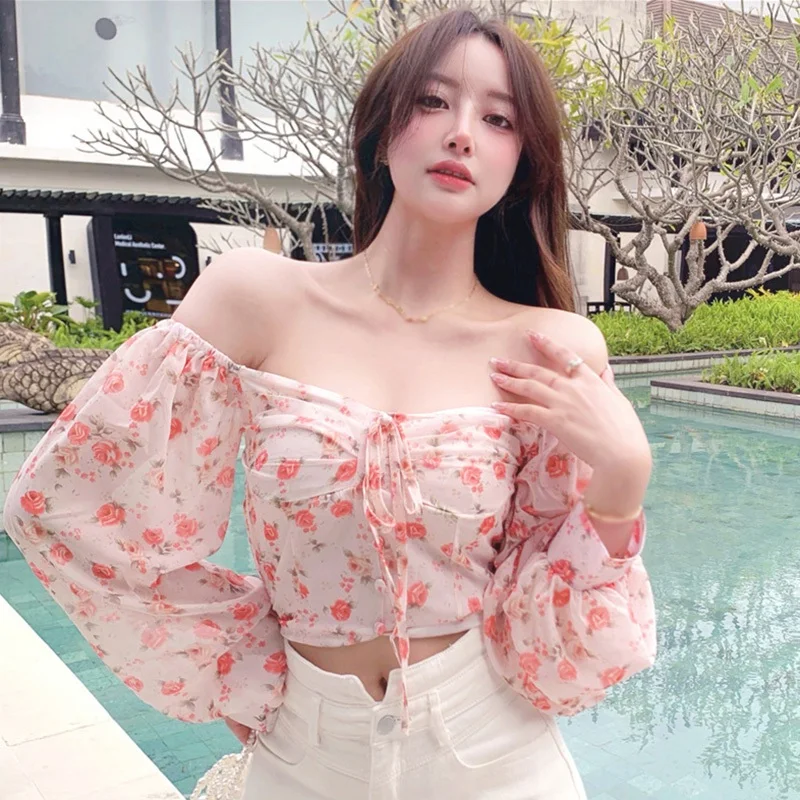 Korea Style Floral Off Shoulder Sweet Chiffon Blouse Slim Sexy Puff Long-Sleeved Summer Crop Top