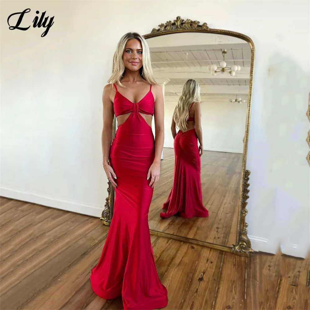 

Lily Sexy Red Prom Dresses Spaghetti Strap V Neck Party Dresses Stain Mermaid robe soirée Sweep Train Formal Occasion Dresses