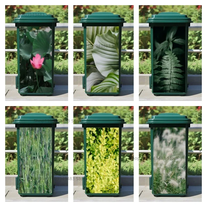 Green Plants Leaves Art Mural Wheelie Bin Self-adhesive Waterproof Stickers Customize Home Decoration Trash Can Aesthetics Decor