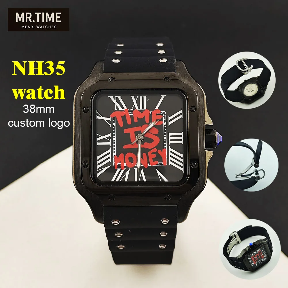 2026Hot NH35 Watch Time is Money Watch Customized Logo Men's Rubber Watch Stainless Steel Watch Square Watch NH35 Movement Watch