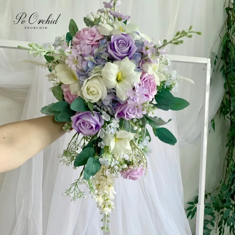 

PEORCHID Lavender & Blush Cascading Bridal Flower Bouquet Rustic Boho Artificial Hydrangea Rose Pink Purple Wedding Bouquet