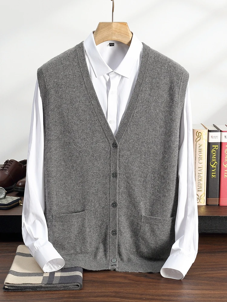 100% Cashmere Sweater Waistcoat Men's V-Neck Knitted Cardigan Spring Autumn Winter New Sleeveless Solid Color Vest Men's Tops