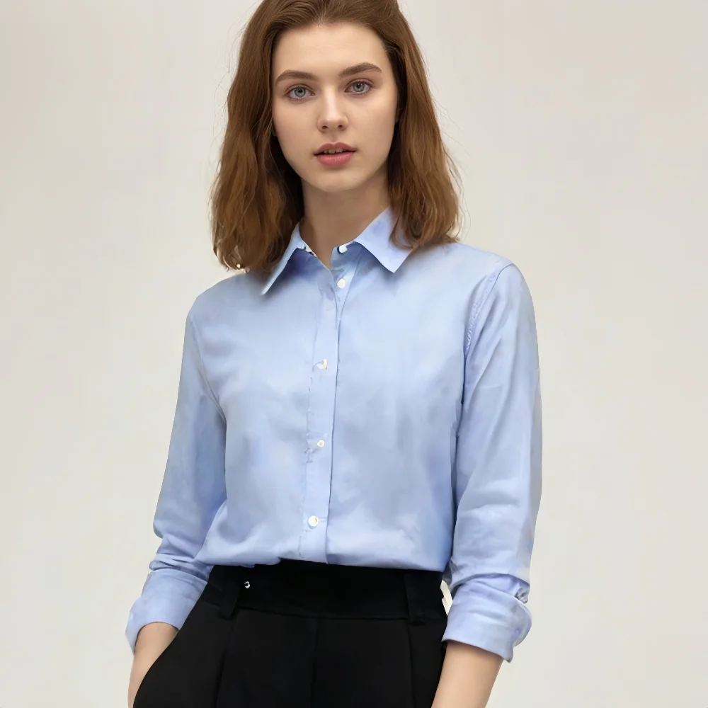

BM&MD&ZA 2025 Womens Light Blue Long Sleeve Shirt Classic Collar Button Front Design Simple and Stylish for Everyday Wear