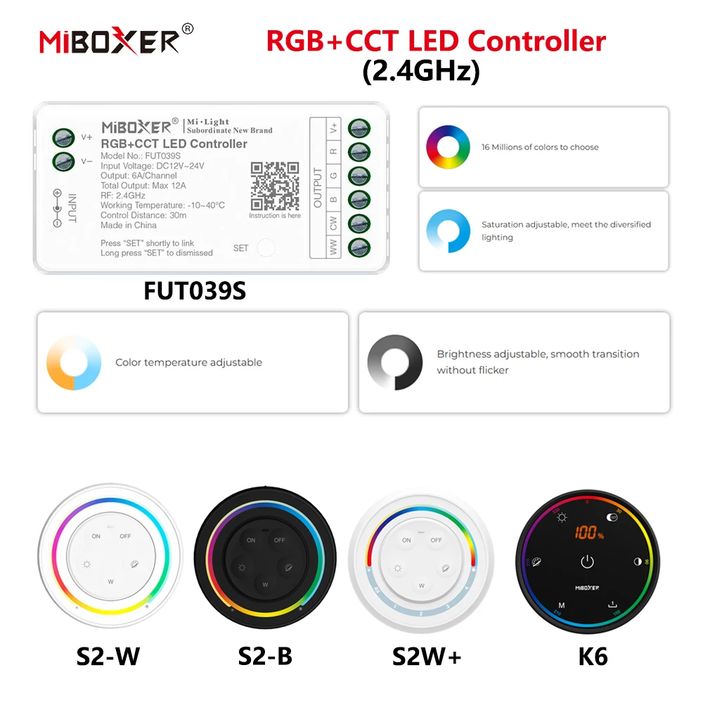 MiBoxer DC12~24V FUT039S+K6/S2W 2,4GHz RF Wireless RGBCCT 6A/Ch 16 Millionen Farben zur Auswahl LED-Controller für COB/LED-Streifen