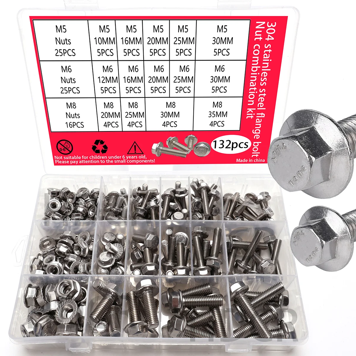 132pcs stainless steel hexagonal flange bolt and nut set, M5, M6, M8 flange bolts and nuts, flange plate, for DIY projects.