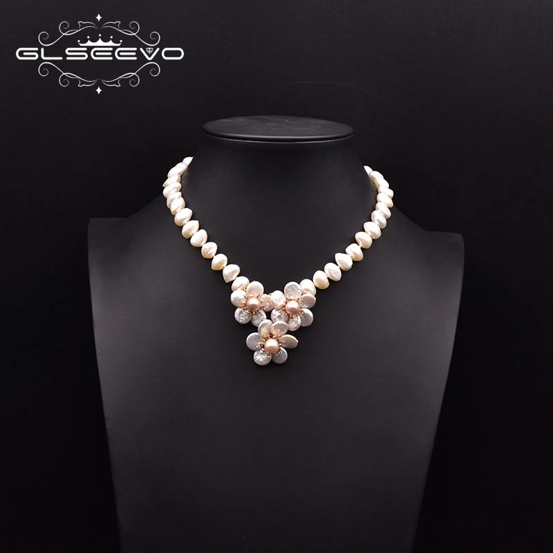 GLSEEVO Natural Baroque Freshwater Pearl Necklace Women's Wedding Anniversary Handmade Luxury Flower Style Jewelry GN0273