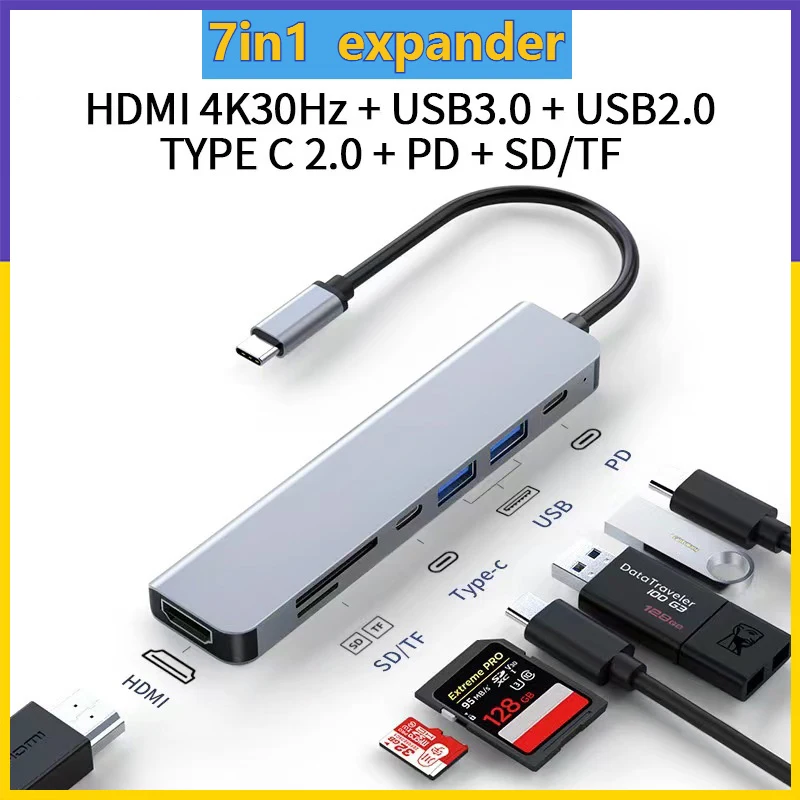 

【Fast Ship】USB C Hub 7 IN 1 4K 30Hz 6 IN 1 Type C to HDMI 4K 2 USB 3.0 Ports SD TF Card Reader PD87W