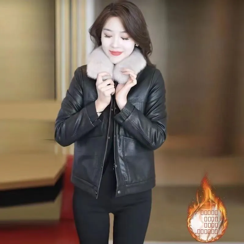 冬用厚手レディースレザージャケット 暖かくておしゃれな裏地付きPUレザーコート 中年女性向け