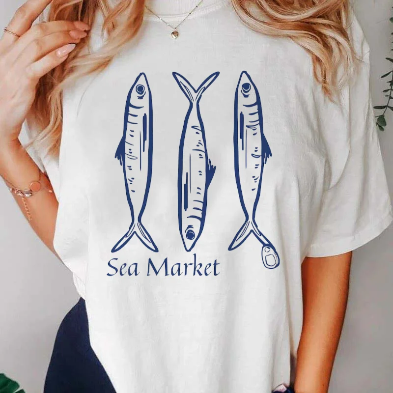 

Retro fish print women's short sleeved round neck T-shirt for spring and summer fashion casual trend women's T-shirt