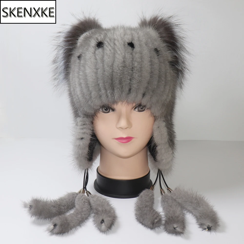 

Ear Protection Hats For Women Natural Mink Fur Winter Hat Lady Real Fur Knitted Mink Fur Beanie Cap Good Quality Warm Fur Caps