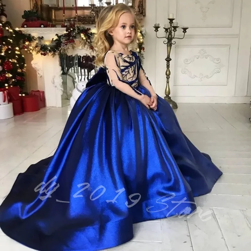 Elegant Royal Blue Satin Flower Girl Dress Lace Long Sleeve Oversized Bow Long Train Princess Gown for Wedding Christmas Pageant