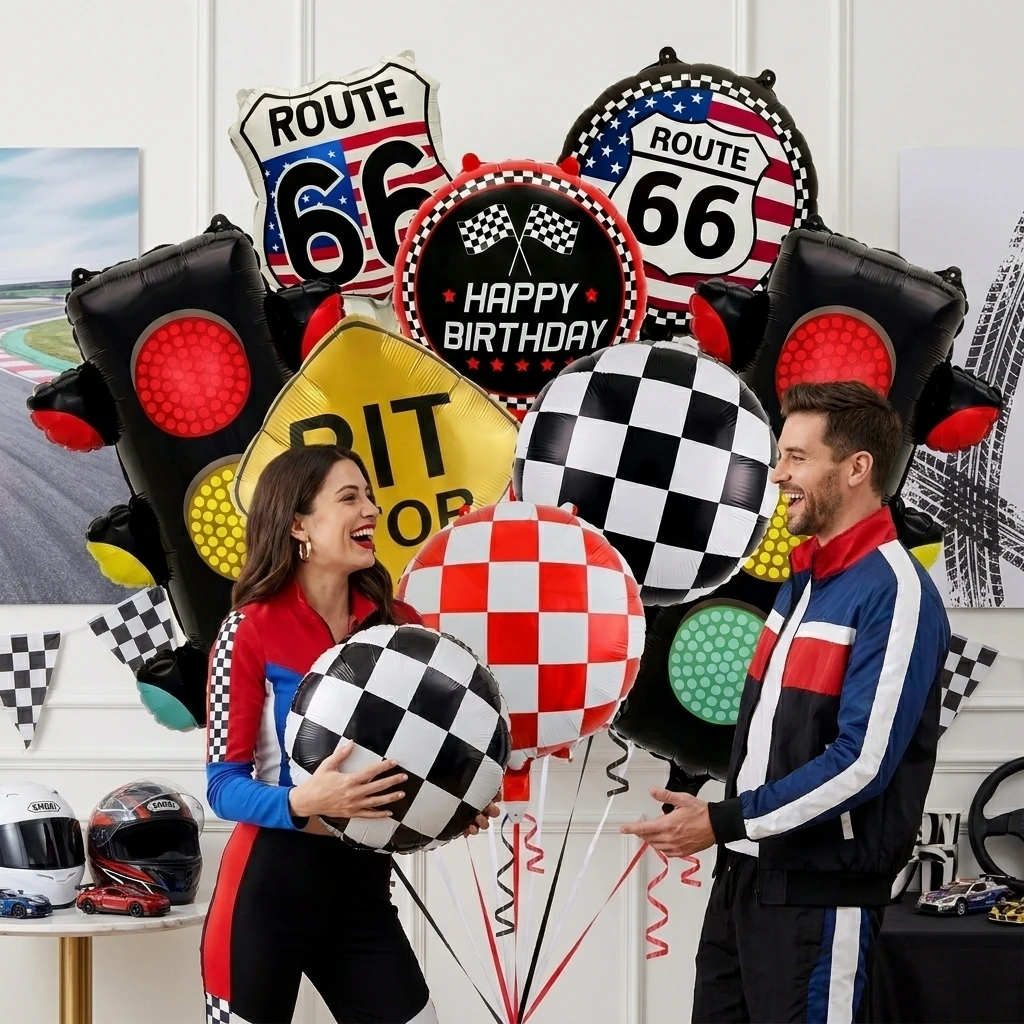 Race Car Party Foil Balloons Set of 8, Route 66 Theme, Traffic Light, Checkered Flag, for Race Car Birthday, Road Trip Party - view 3