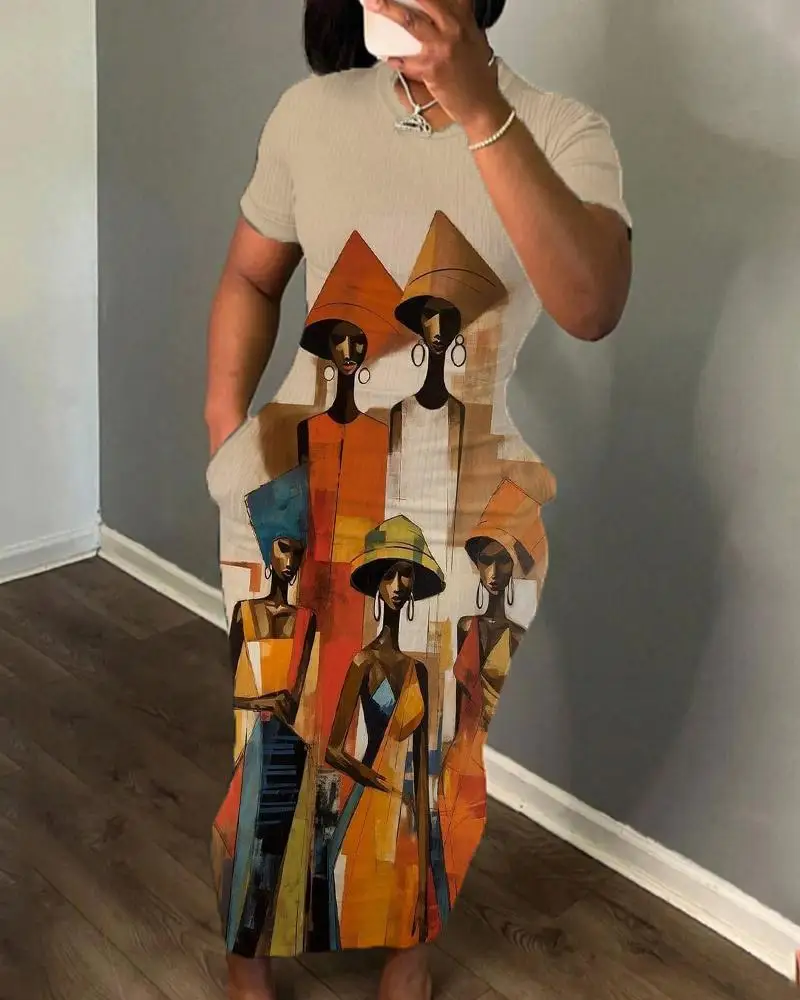 

Women's African Art Print Bodycon Maxi Dress Short Sleeves Round Neck Ethnic Style Dress With Pockets Casual Fashion Party Wear