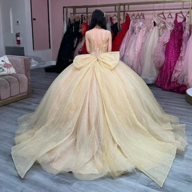 Angelsbridep Customized Blingbling Champagne Ball Gown 15 Year Old Quinceanera Dresses Big Bow Princess Birthday Party Dress