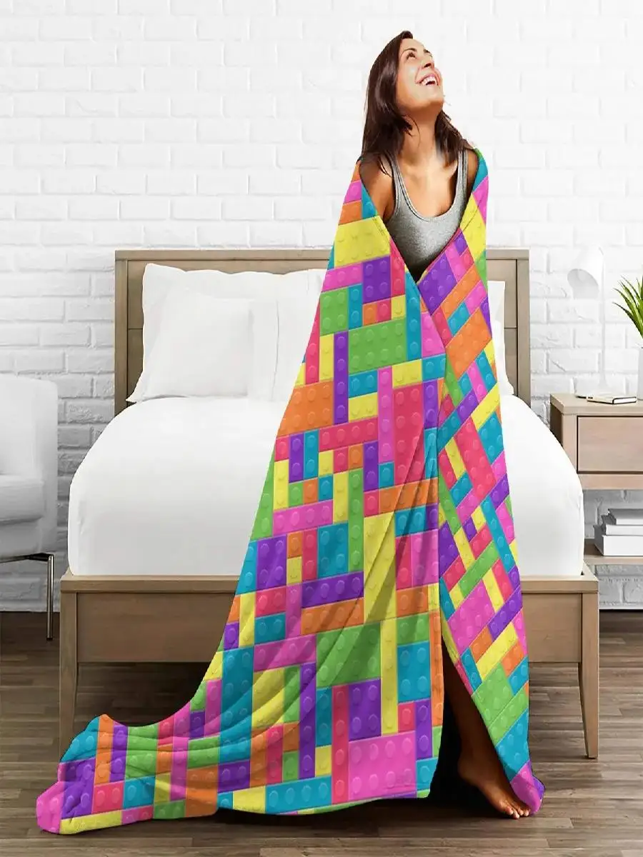 Super Soft Plush Throw Blanket Perfect for Outdoor Picnic Flannel Bedspread Childs Building Block Print Cozy Bed Cover