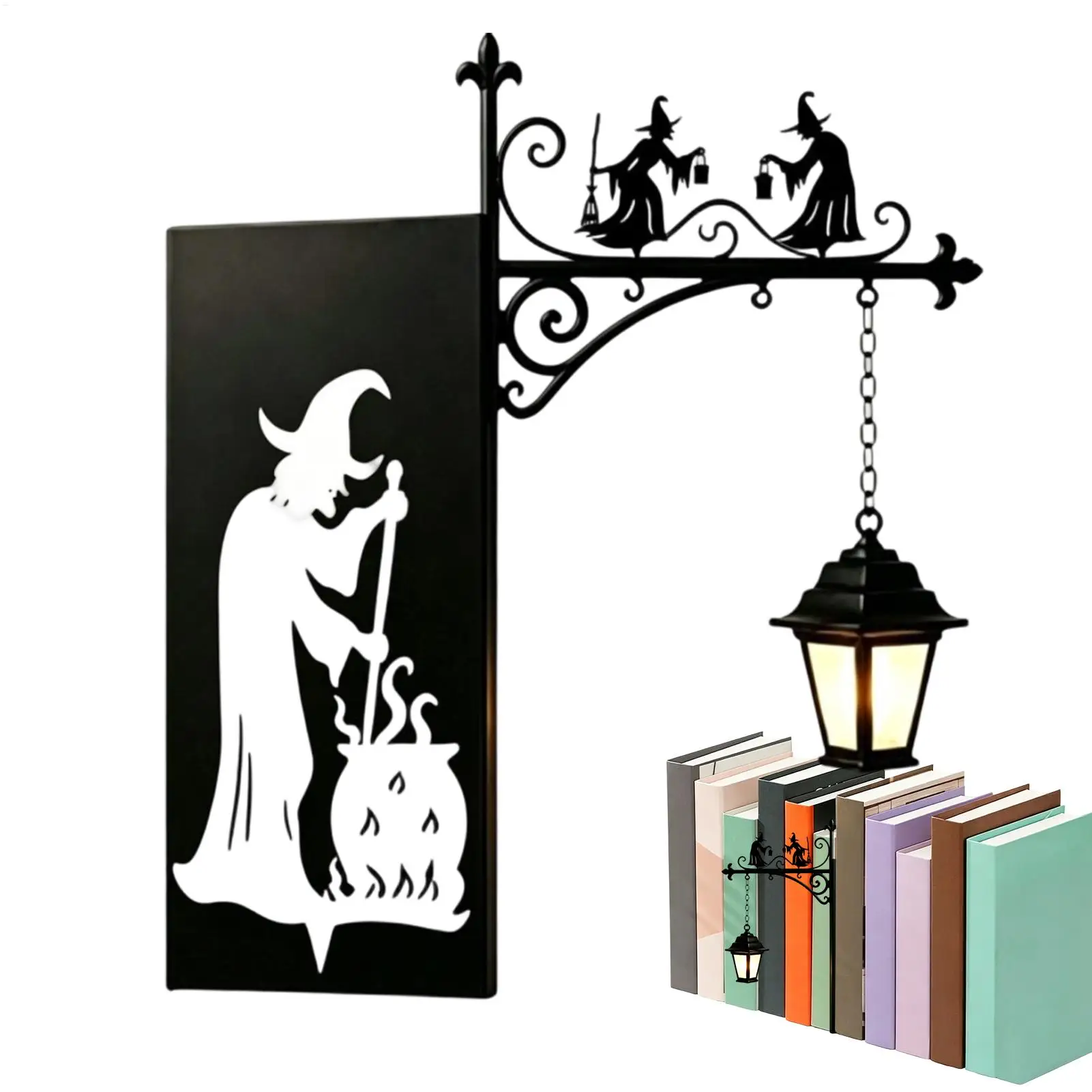 Witch Bookshelf Lantern Decorative Halloween Witchcraft Bookcase Light Mini Lamp for Bedroom Study Reading Corner Cabinet