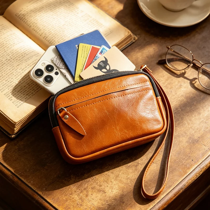 Handmade Original Men'S Genuine Leather Phone Bag Vintage Vegetable Tanned Cowhide Multi-Function Clutch Handheld Pack