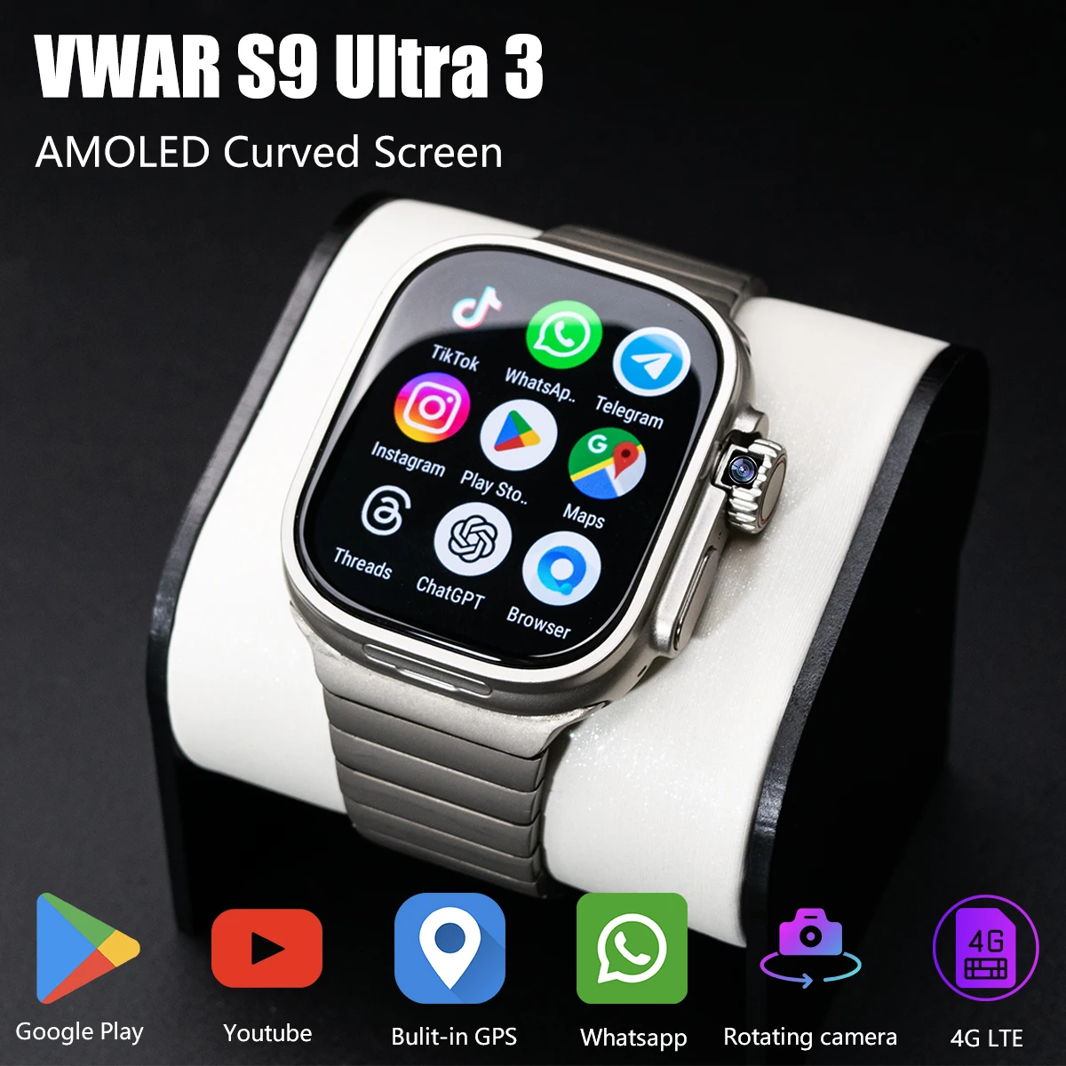 VWAR S9 Ultra 3 Smart Watch 4G LTE AMOLED Curved Screen Android Smartwatch Men GPS WIFI 2GB Ram 32GB ROM Google Play Watches