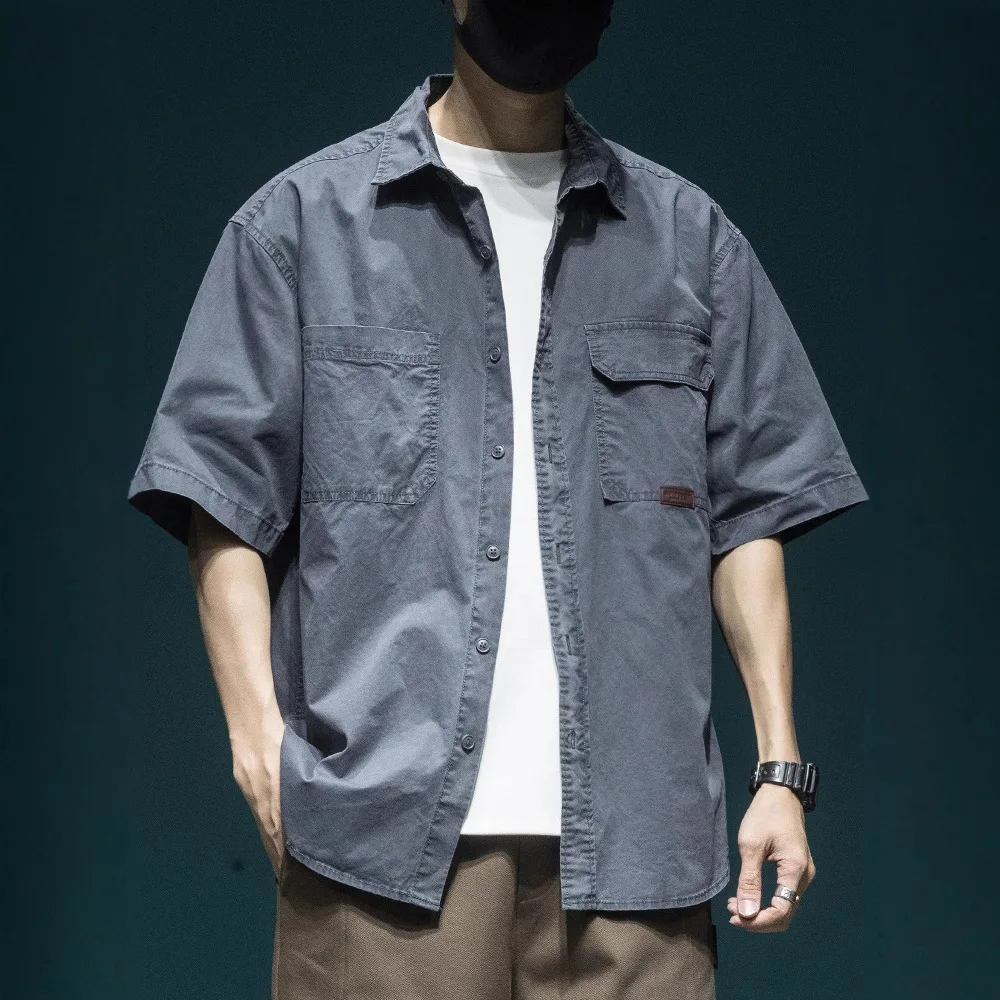 2025 Japanese Retro Heavy Wash Short-sleeved Shirt Men's Tops Summer American Loose Workwear